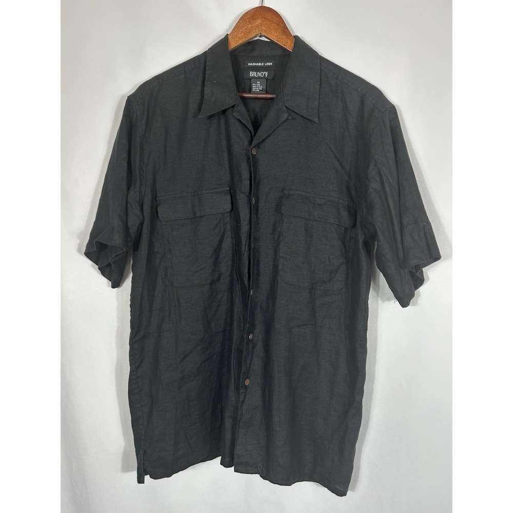 Bruno Mens Washable 100% Linen Black Brown Button‎ Up Shirt Size M Quiet Luxury